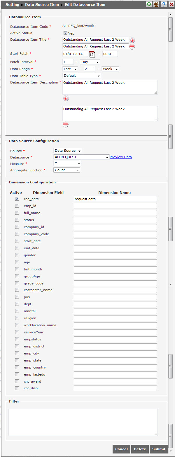 To edit a data source item, click on the datasource item code and the ...