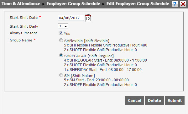 Select a code of shift group that will be edited on Employee Group ...
